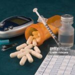 Photograph of various diabetic tools and medicine.